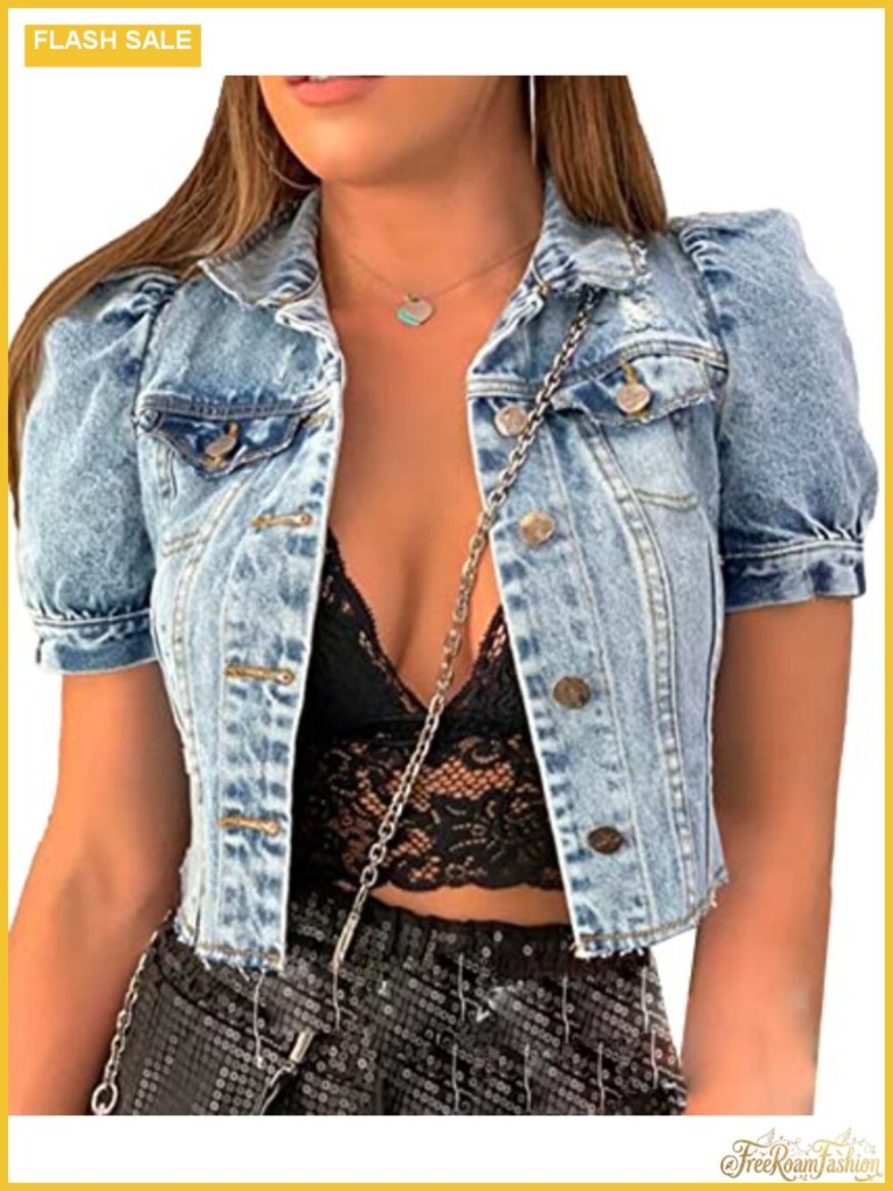 Cropped Denim Jacket Puff Short Sleeve Button Down Women's Coat